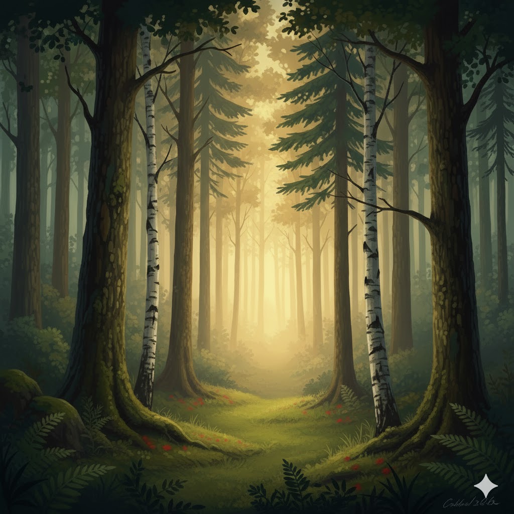 A path opening through a forest toward warm light