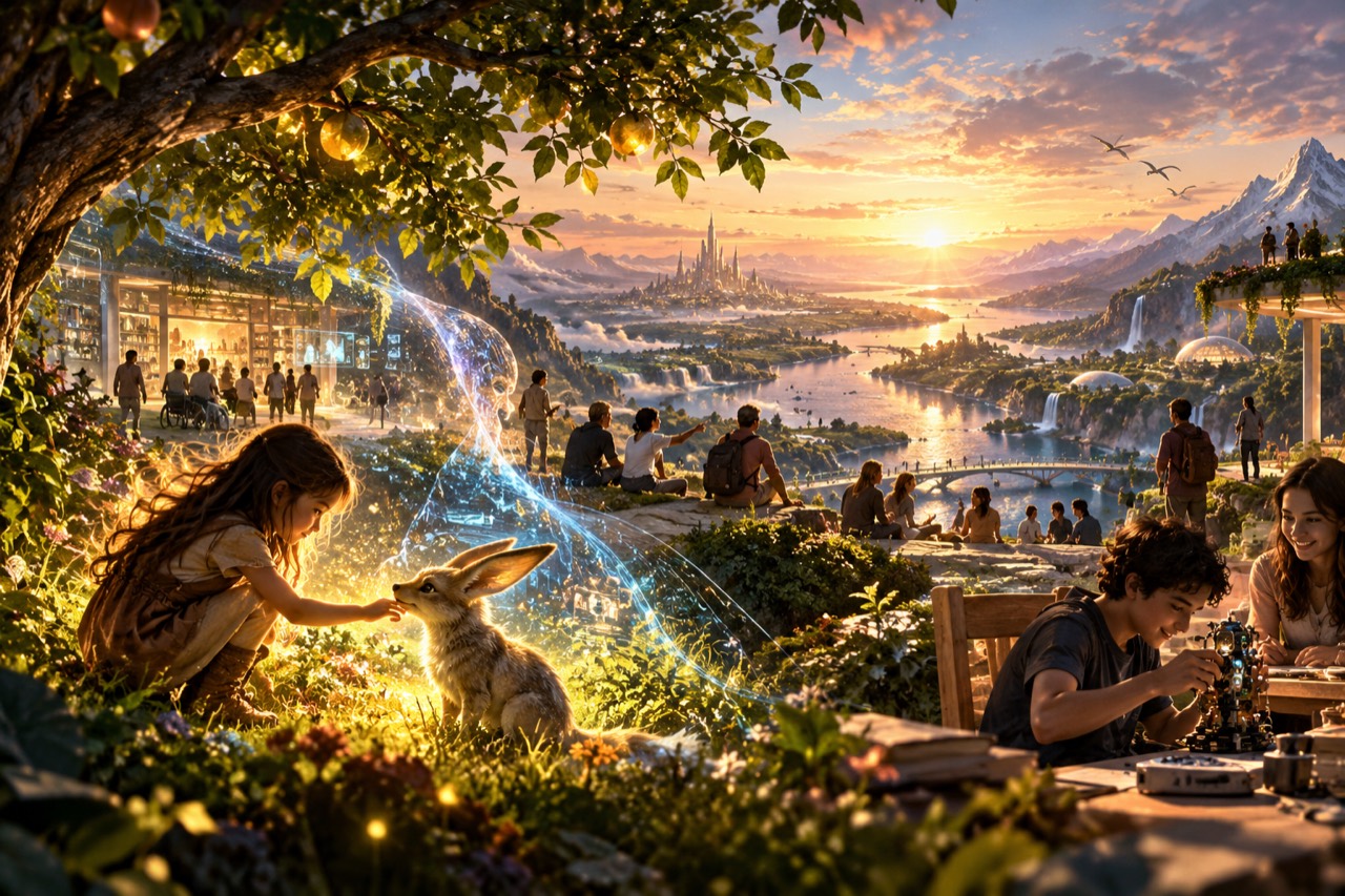 An imagined luminous world where people still make, explore, and care for living things