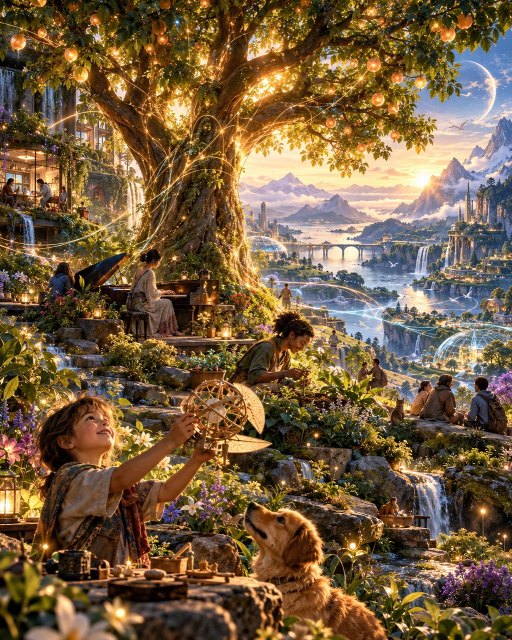 People play piano, tend plants, and build with their hands beneath a luminous tree in an imagined future.