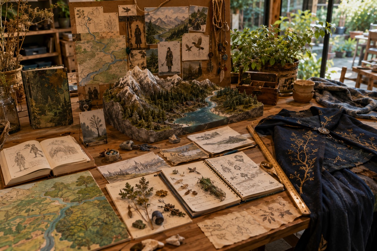 A deep interdisciplinary project with a mountain model, maps, journals, sketches, fabric, costume material, plants, and natural objects