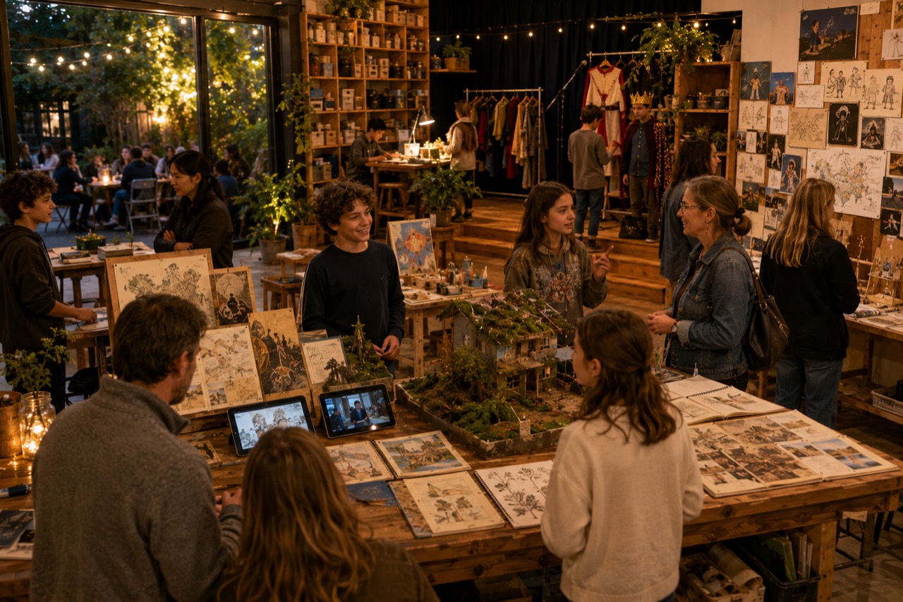 A project-based learning exhibition where students discuss finished work with adults and peers