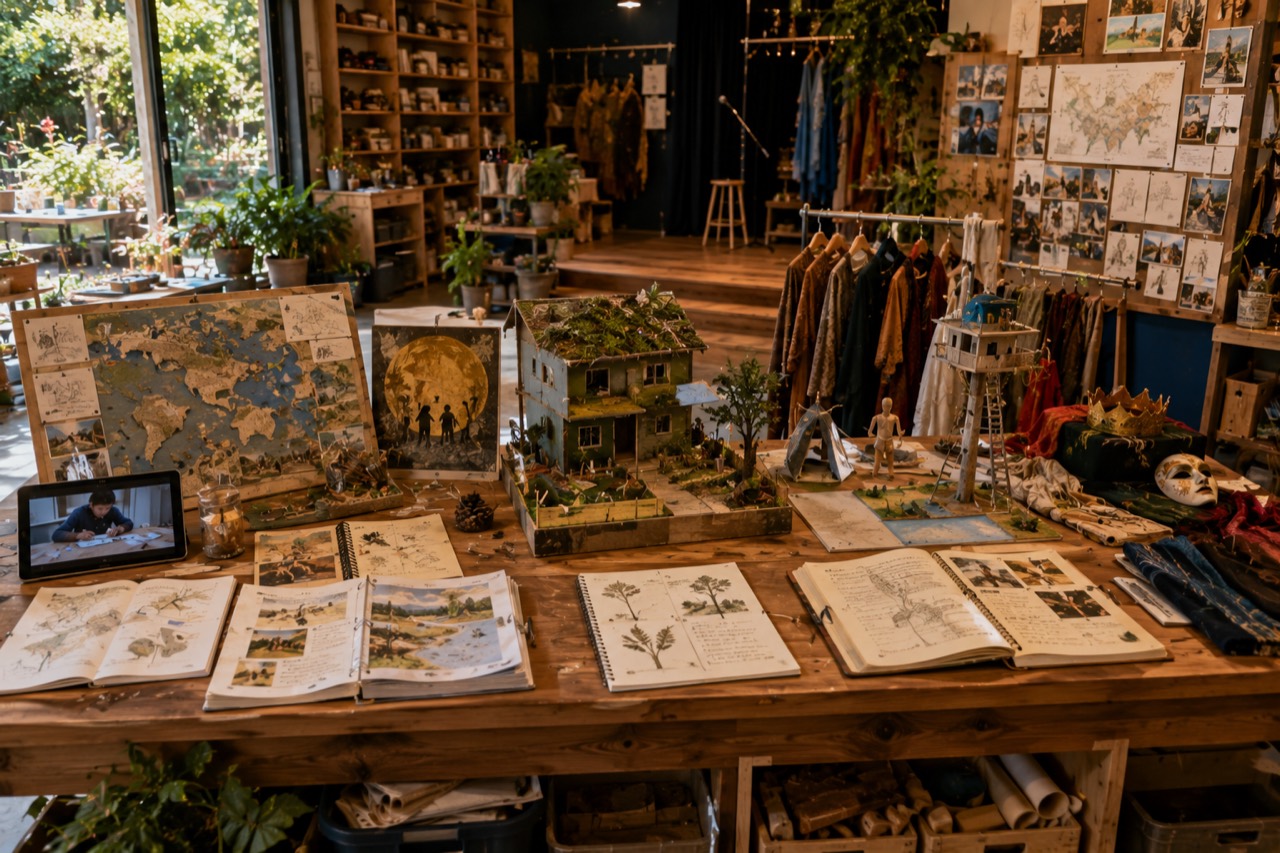 A project table with maps, models, notebooks, tablets, costumes, sketches, natural materials, and finished student work