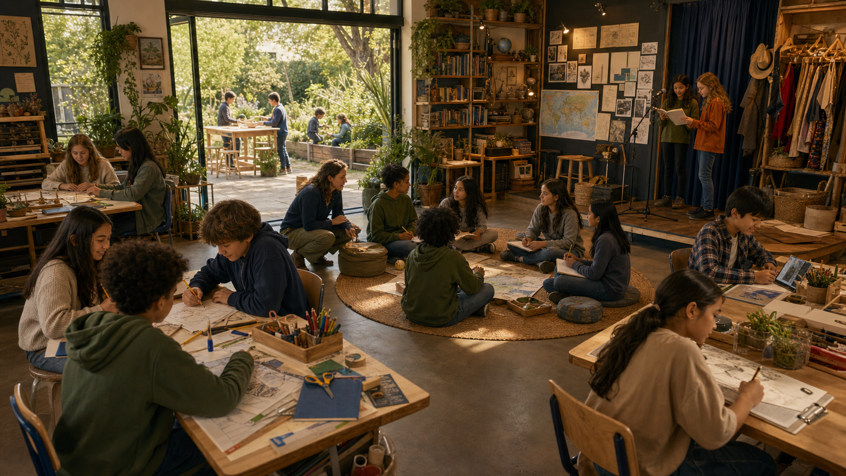 Concept image of a project-based learning studio with a central meeting area, stage, work tables, plants, materials, and outdoor learning space
